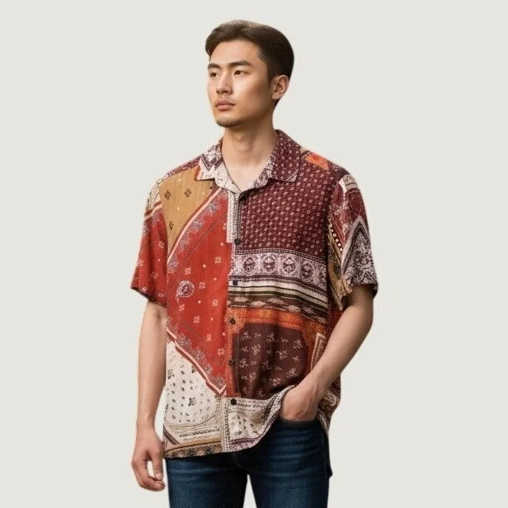 Topman Button‎ Down Shirt Men XS Red Multi Bandana/Paisley Patchwork